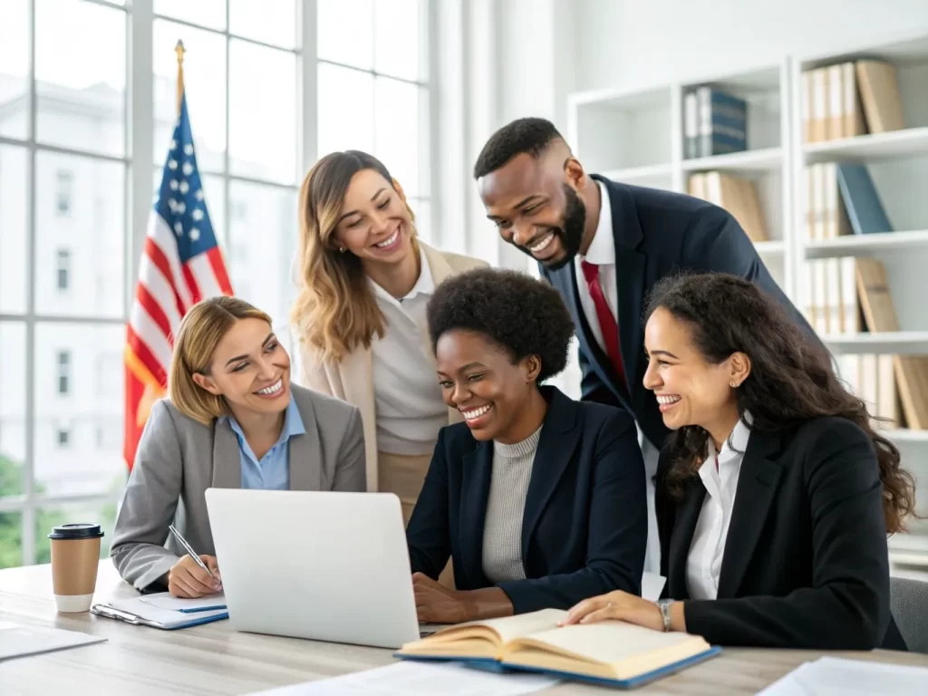 Diverse legal team at Jadeja-Cimone Law collaborating in a welcoming immigration law office environment.
